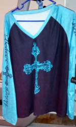 BN! Black Turquoise Blue Fancy Cross & Believe Victory Cross On Sleeves 20 Shirt