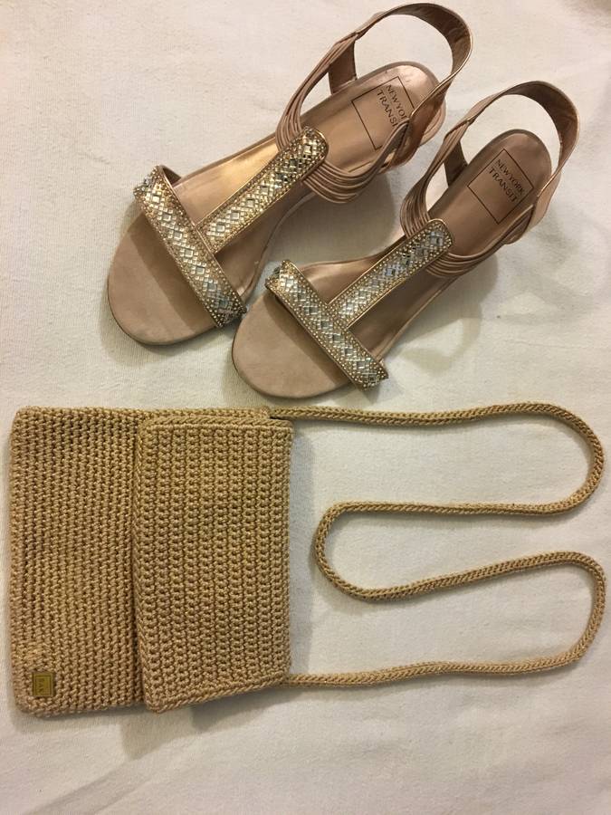 New York Transit Gold Formal Wedge Sandals Sz 12M & The Sak Gold Purse