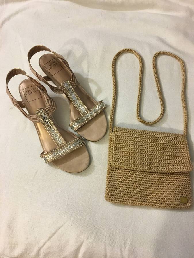 New York Transit Gold Formal Wedge Sandals Sz 12M & The Sak Gold Purse