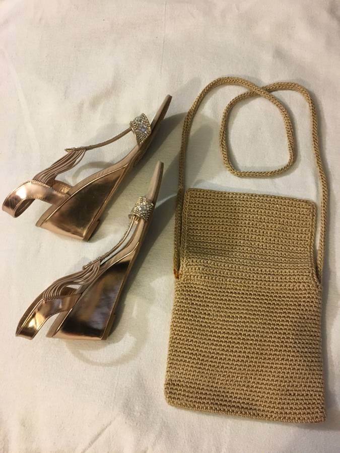 New York Transit Gold Formal Wedge Sandals Sz 12M & The Sak Gold Purse